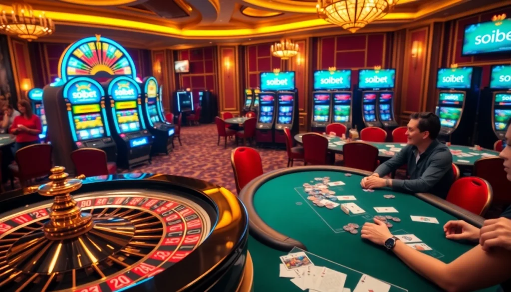Experience thrilling games and vibrant atmosphere at soibet casino, filled with poker chips and roulette wheels.