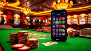 The 24kclub app showcased on a smartphone in a luxury casino environment, featuring vibrant gaming elements.