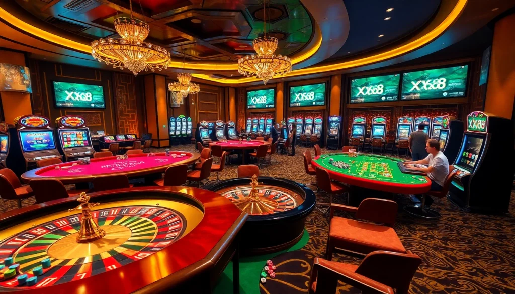 Players enjoy exciting games at XX88 casino, showcasing vibrant tables and slot machines.