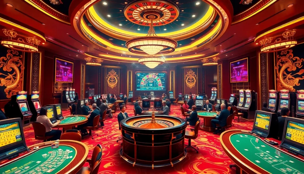 Exciting gaming scene at 88idd casino with poker tables, slot machines, and roulette.