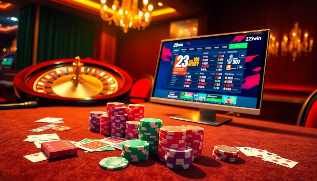 Experience the thrill of gambling with 23win's vibrant poker chips and casino table setup.