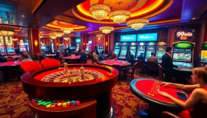 Engage in thrilling gameplay at 99win cc, featuring a vibrant casino scene with roulette tables and slot machines.