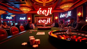 Engaging gamblers partake at a vibrant casino table, featuring 'eejl' alongside cards and chips.