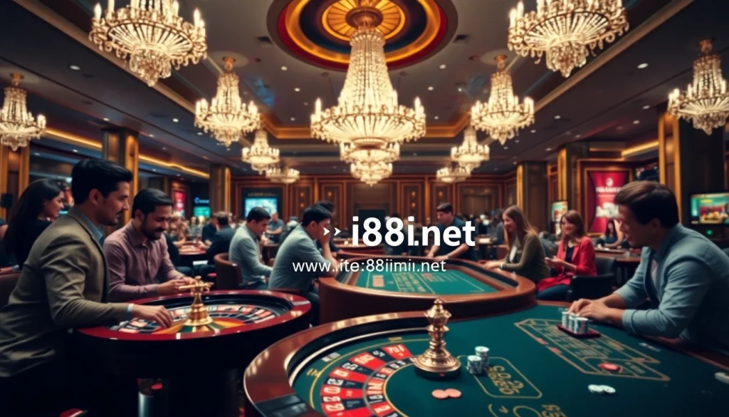 Players enjoying a thrilling gaming experience at https://88i8i.net/ casino with roulette and blackjack tables.
