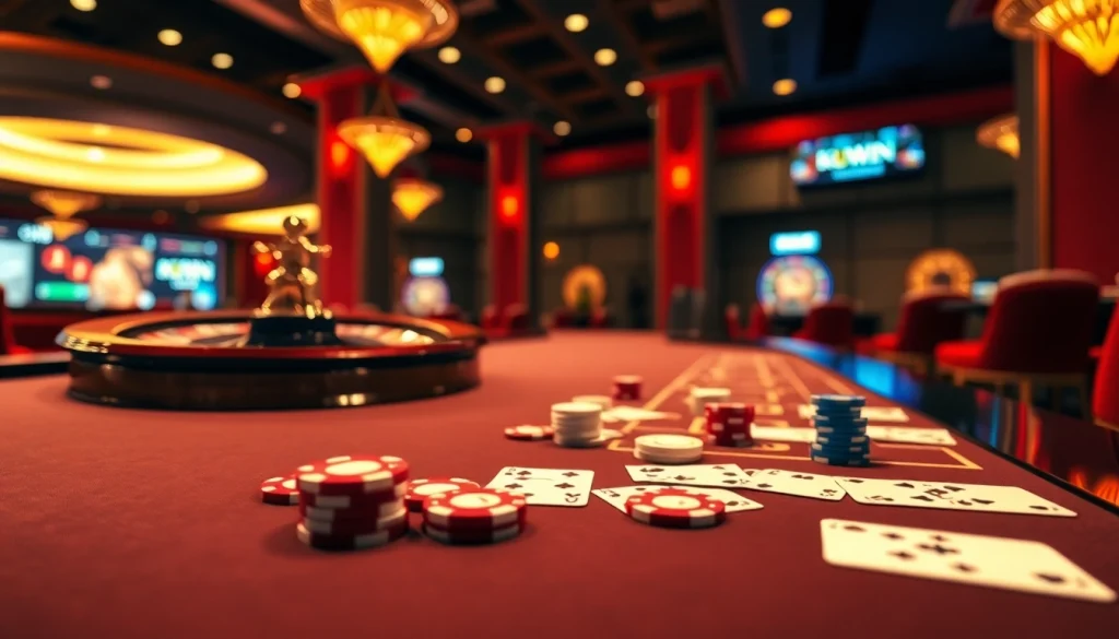 Kuwin casino offering thrilling gaming experiences with a vibrant roulette wheel and elegant poker chips.