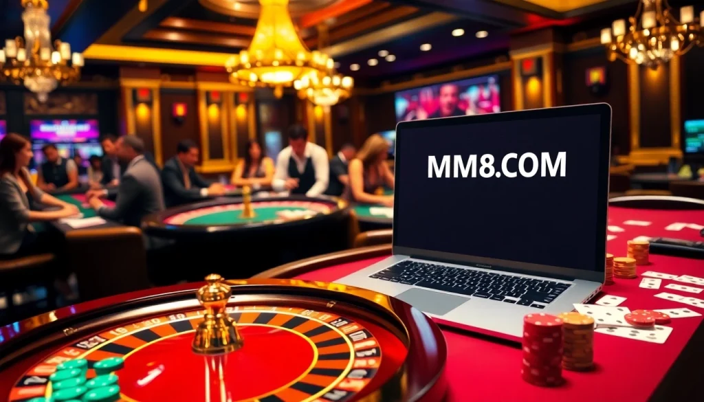 Engage in thrilling gameplay at MM88.COM with roulette and poker, showcasing a vibrant casino atmosphere.