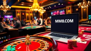 Engage in thrilling gameplay at MM88.COM with roulette and poker, showcasing a vibrant casino atmosphere.