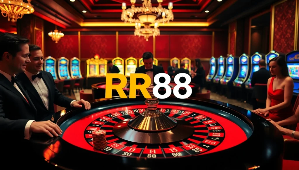 Players enjoying a thrilling game at the luxurious RR88 casino with vibrant roulette and poker tables.