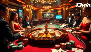 Experience the thrill of 13win with players at a luxurious casino roulette table surrounded by vibrant poker chips and cards.