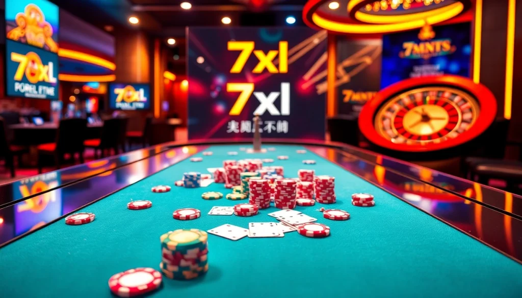 Engage in thrilling gameplay with 7xl להורדה at a dynamic online poker table, showcasing vibrant casino elements.