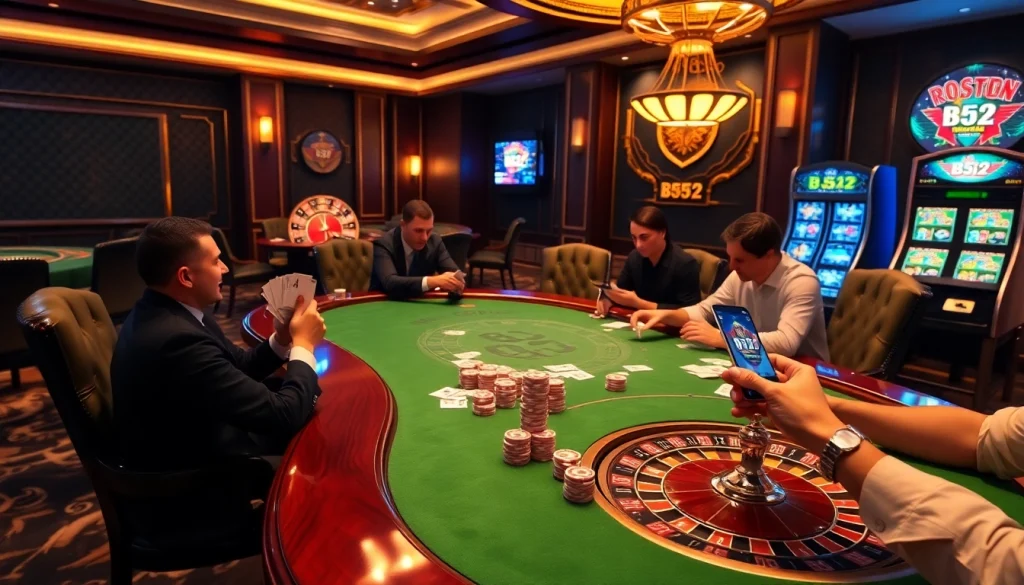 Engaged players at a b52-themed casino table, showcasing luxury and excitement in gambling.