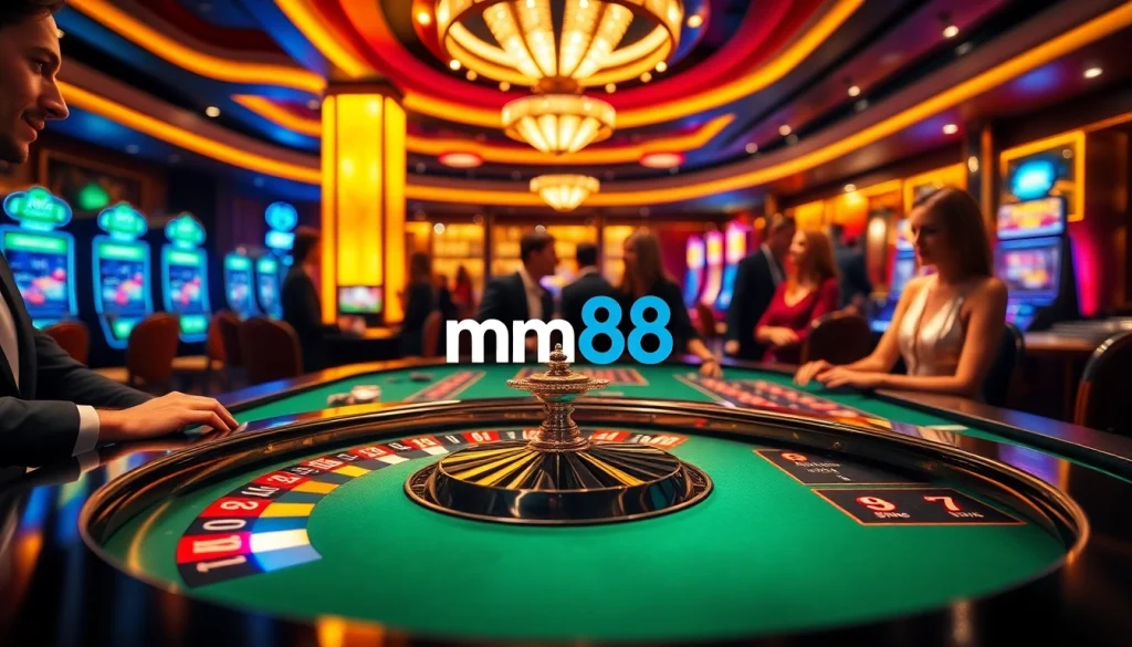 Players enjoying an exciting round of poker at mm88 online casino, with chips and cards highlighted.