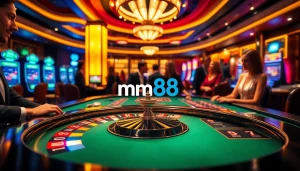 Players enjoying an exciting round of poker at mm88 online casino, with chips and cards highlighted.