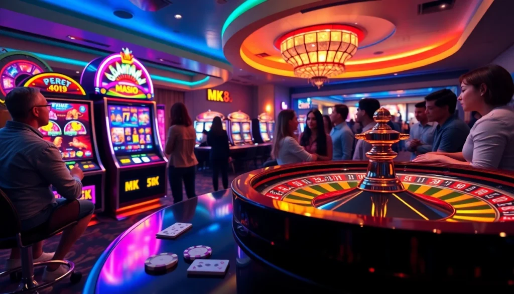 Players engaging with the MK8 gaming station amidst vivid displays of poker chips and slot machines.