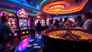 Players engaging with the MK8 gaming station amidst vivid displays of poker chips and slot machines.