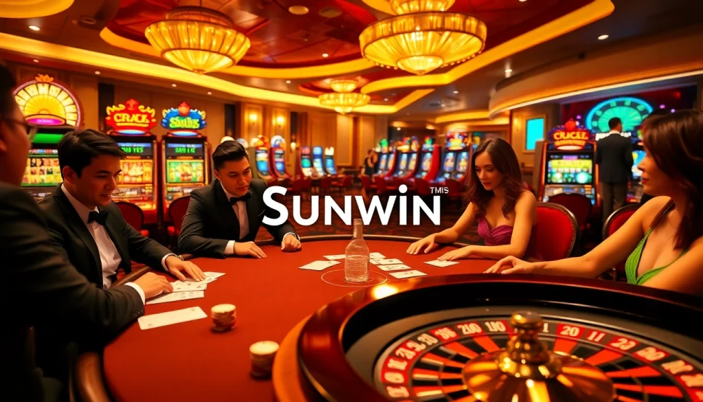 Players celebrating a win at Sunwin with vibrant casino tables and slot machines in view.