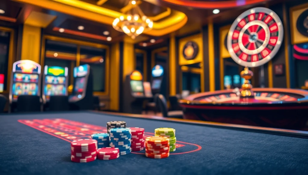 Exciting gaming experience at 98win with vibrant slot machines and poker chips.