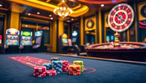 Exciting gaming experience at 98win with vibrant slot machines and poker chips.