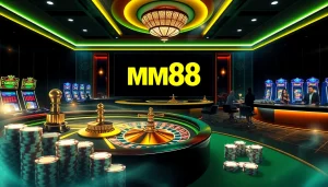 Experience the thrill of casino gaming with the mm88 link, featuring roulette, poker chips, and luxurious ambiance.