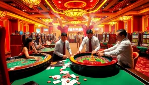 Players enjoying various games at lu88 casino, showcasing vibrant poker chips and lively atmosphere.