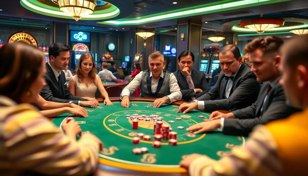 GO88 poker table scene with excited players and vibrant casino atmosphere.