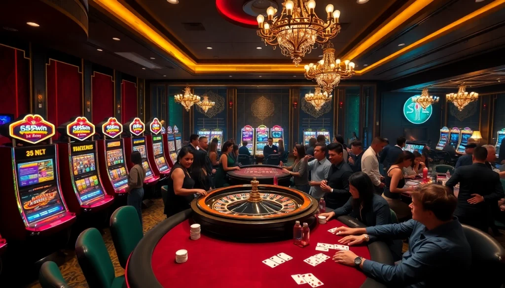 Experience the thrill of winning at 555win with vibrant casino tables and players in action.