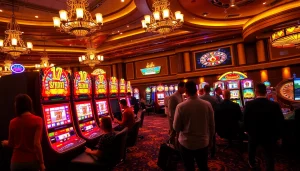 Players enjoying slot machines in a luxurious casino setting filled with excitement.