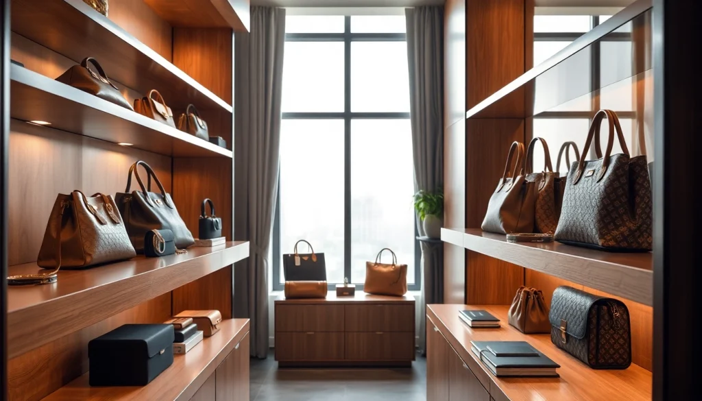 명품 이미테이션 가방이 우아하게 진열된 부티크 이미지, 품질을 강조.