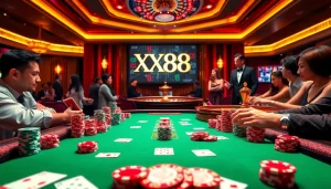 Join the excitement at the XX88 casino with a vibrant poker table, professional dealer, and dazzling ambiance.