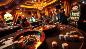 Engaging scene of players at the luck8 casino, featuring roulette and poker tables.