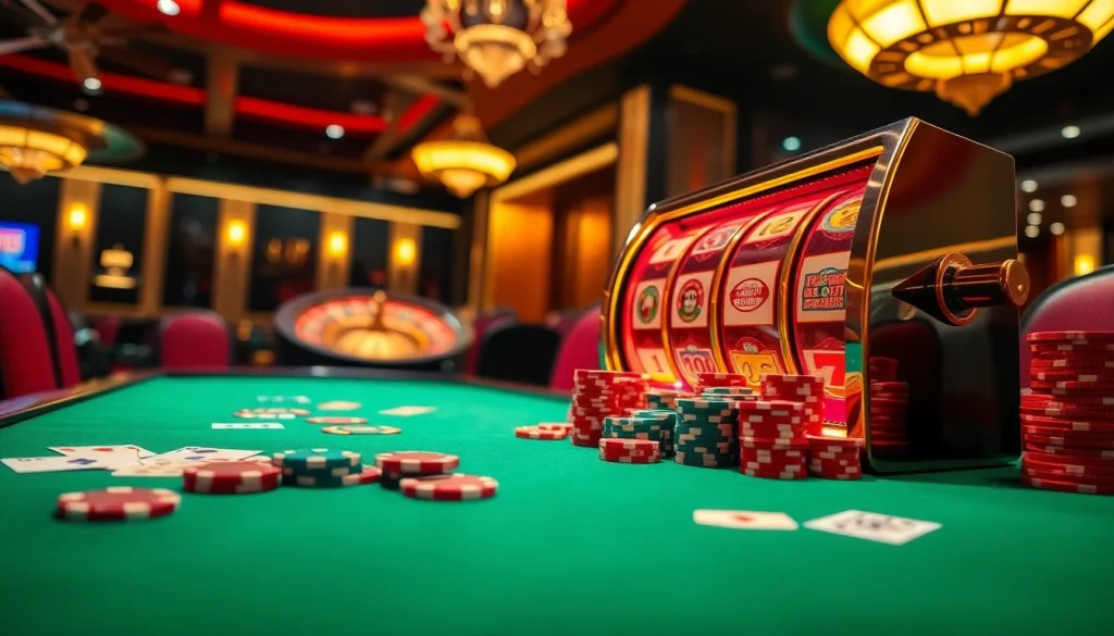 Spinning a slot machine surrounded by vibrant poker chips and cards in a luxurious casino setting.