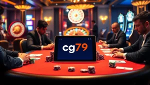 Trải nghiệm lối chơi đầy kịch tính với ứng dụng cg79 trên bàn poker casino sang trọng, đầy chip và bài.