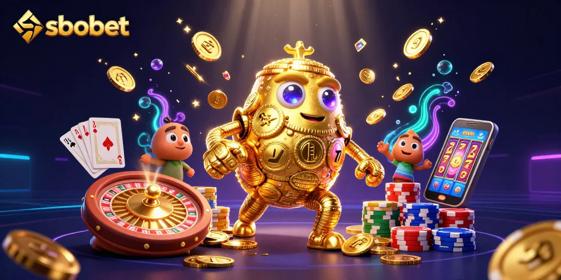 Experience sbobet's thrilling action with dynamic gold golem and casino elements in a vibrant scene.