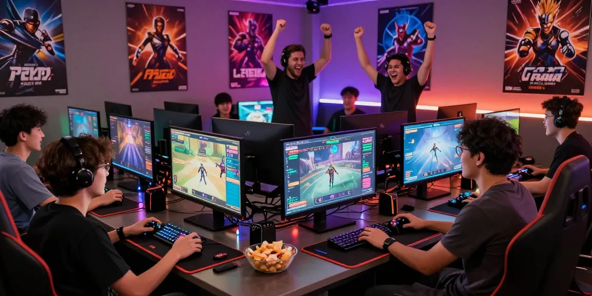 Engaged group of friends playing Raja Game login in a vibrant gaming lounge.